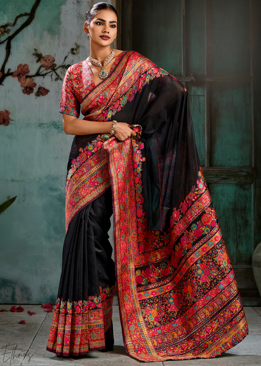 Onyx Black Kashmiri Kani Print Modal Pashmina Silk Saree