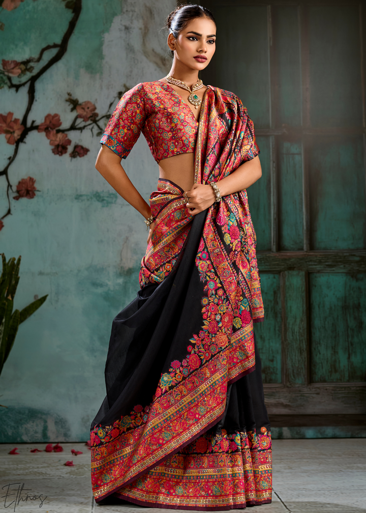 Onyx Black Kashmiri Kani Print Modal Pashmina Silk Saree