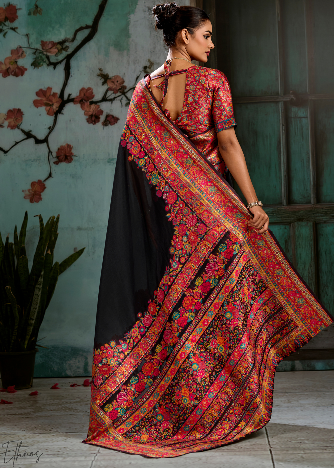 Onyx Black Kashmiri Kani Print Modal Pashmina Silk Saree