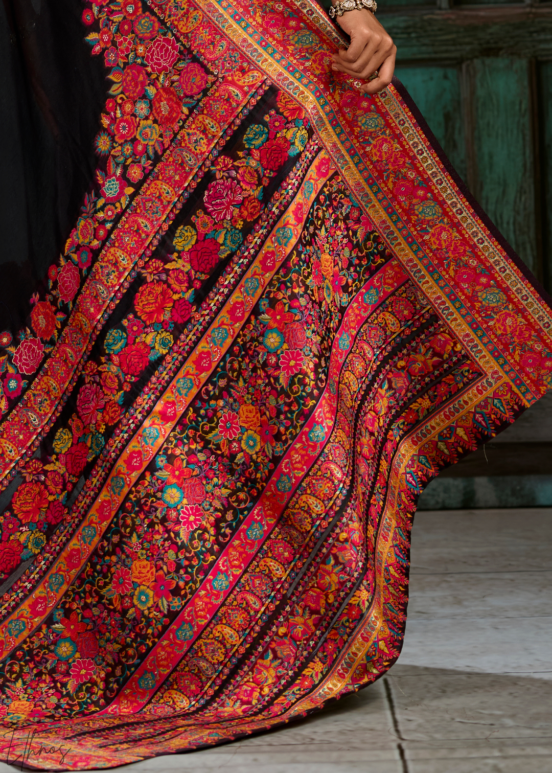 Onyx Black Kashmiri Kani Print Modal Pashmina Silk Saree