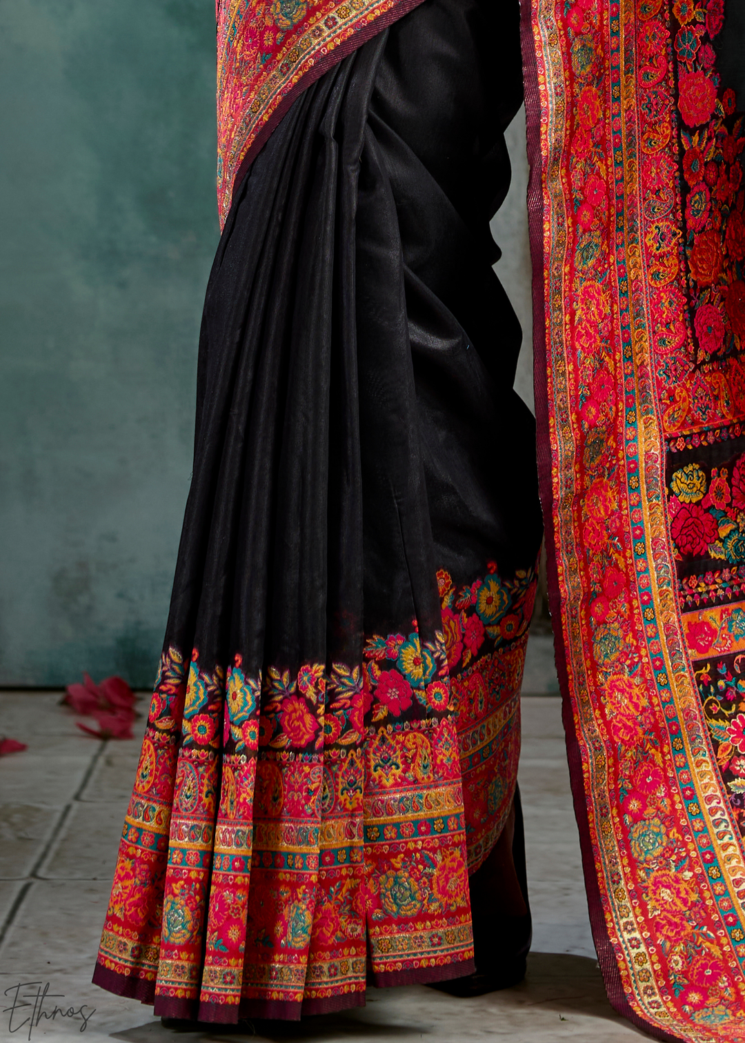 Onyx Black Kashmiri Kani Print Modal Pashmina Silk Saree