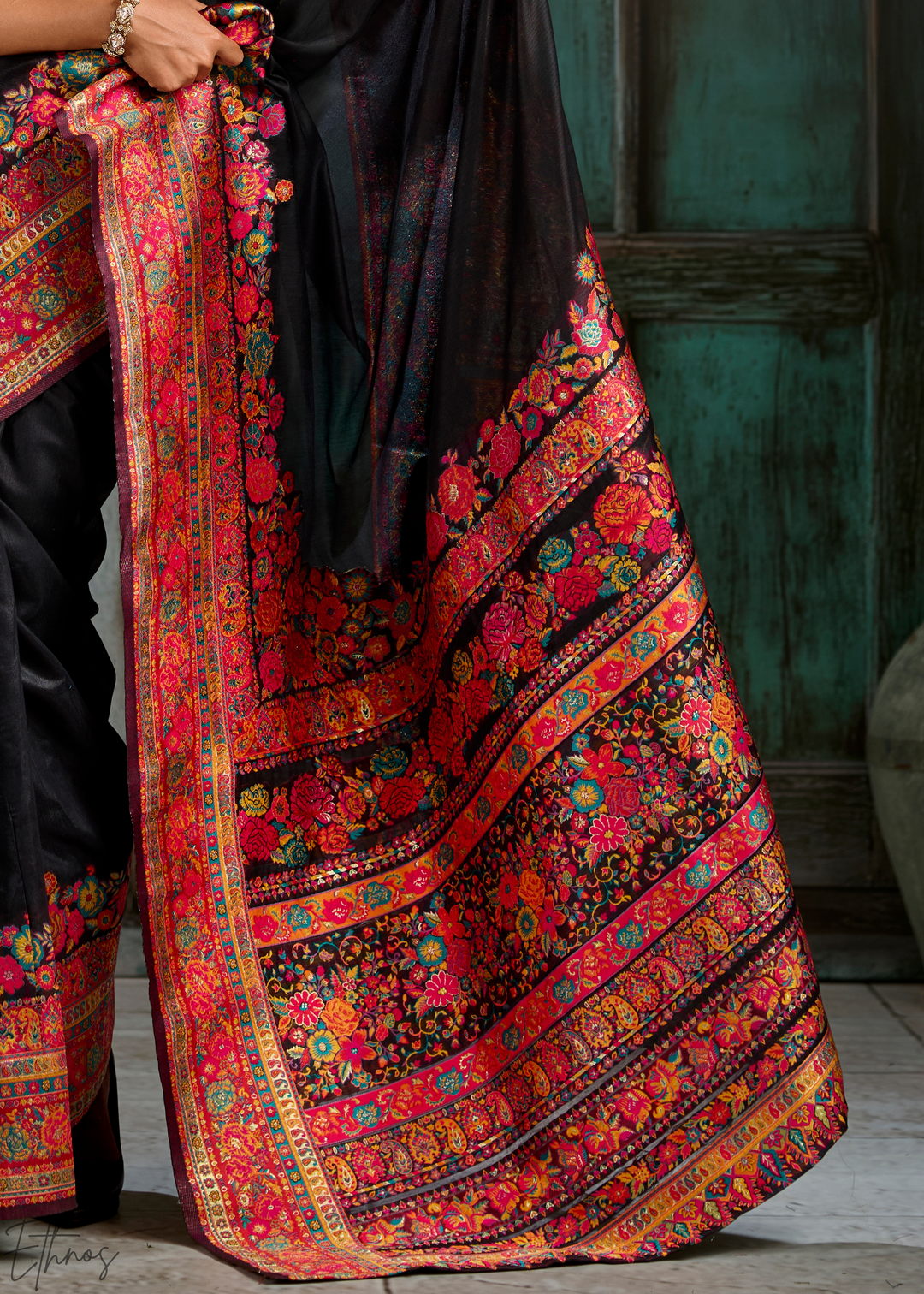 Onyx Black Kashmiri Kani Print Modal Pashmina Silk Saree