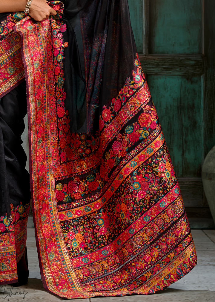 Onyx Black Kashmiri Kani Print Modal Pashmina Silk Saree