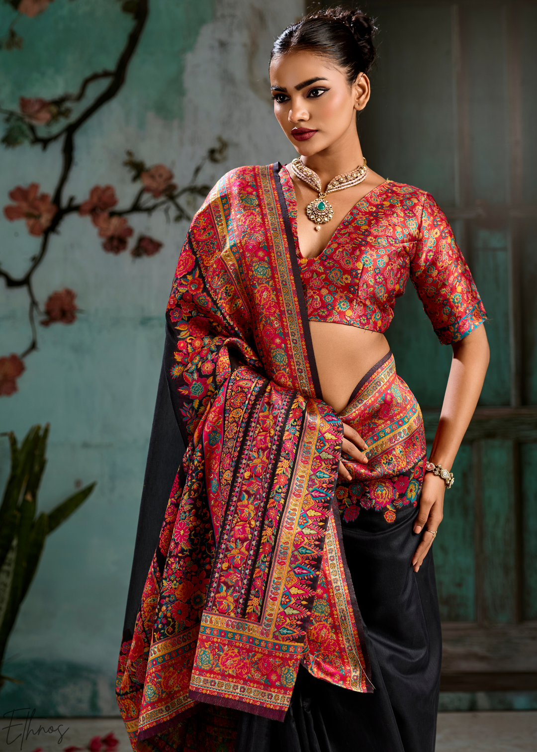 Onyx Black Kashmiri Kani Print Modal Pashmina Silk Saree