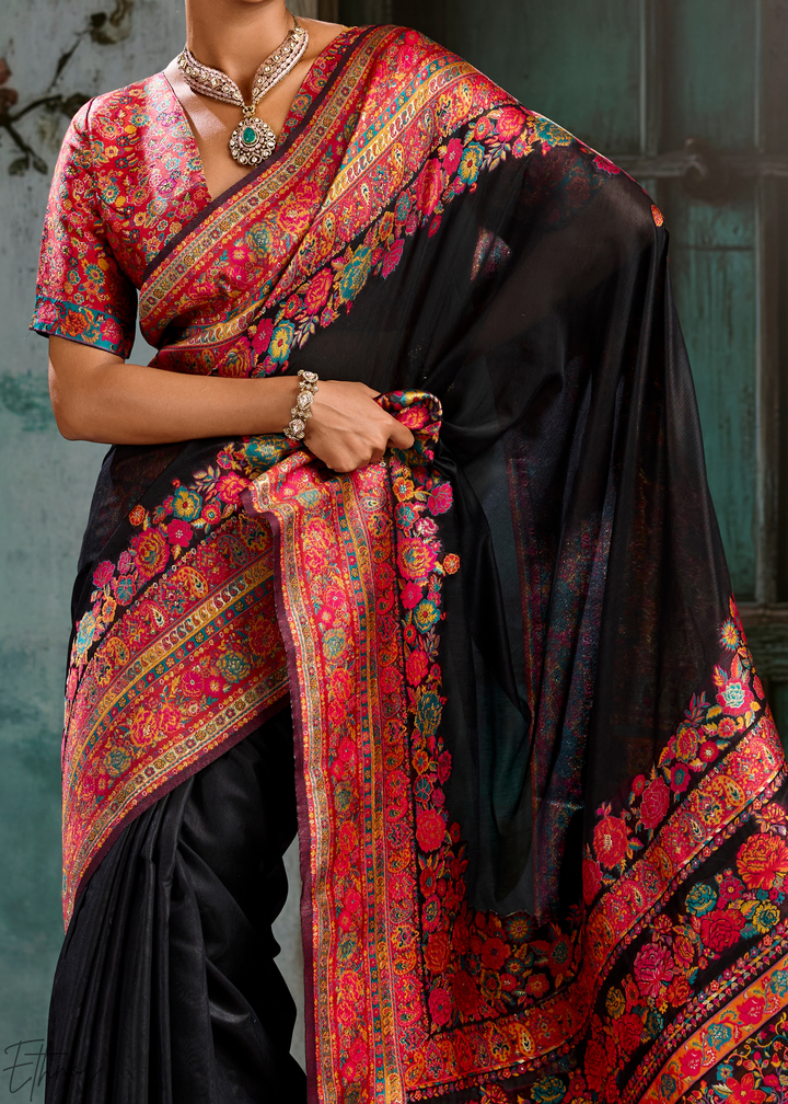 Onyx Black Kashmiri Kani Print Modal Pashmina Silk Saree