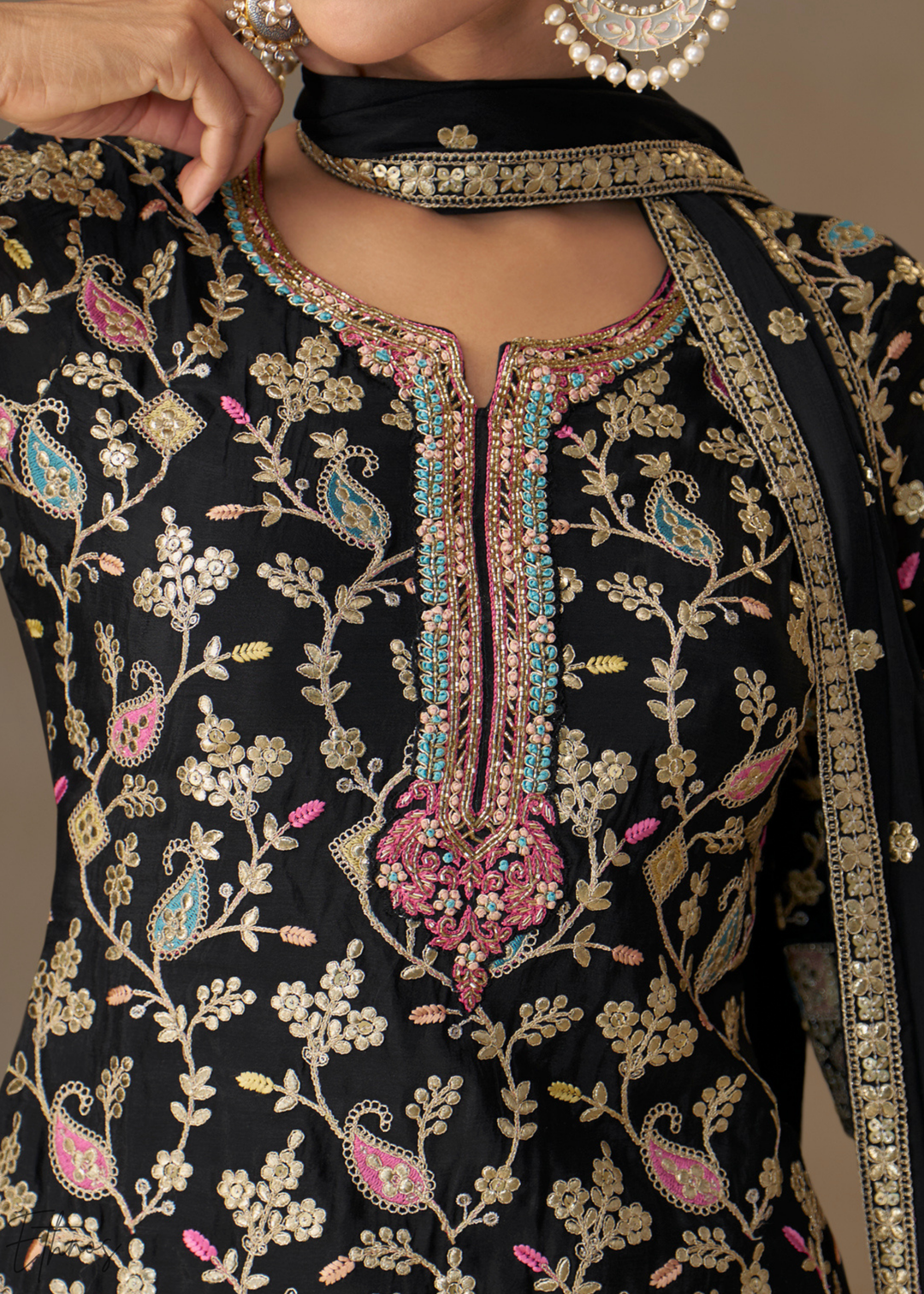 Onyx Black Persian Vine Chinon Palazzo Suit