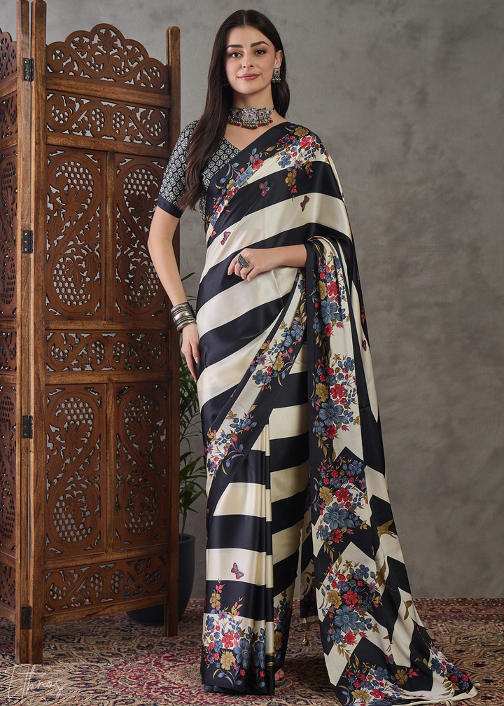 Onyx Black Floral Striped Modal Silk Saree
