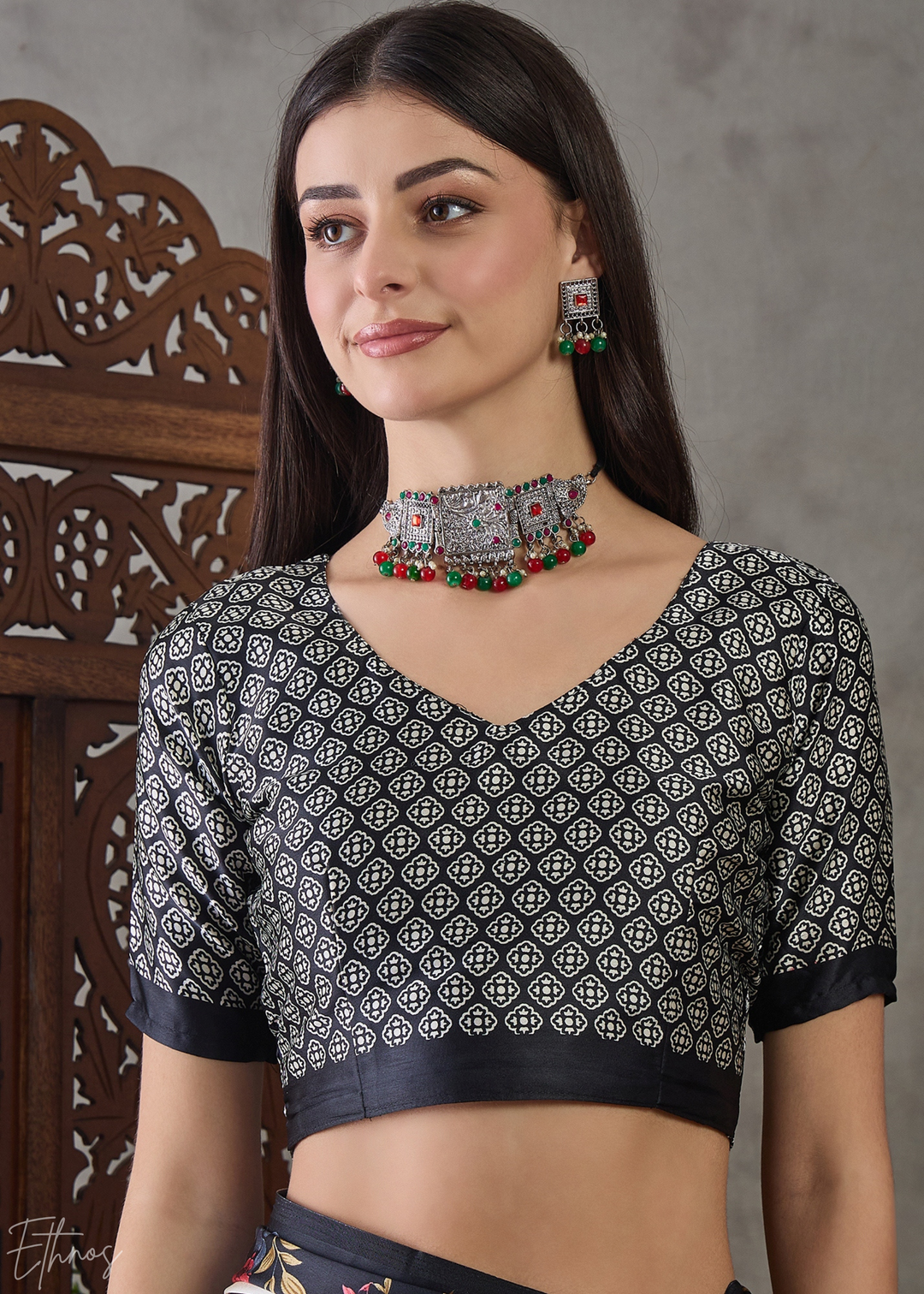 Onyx Black Floral Striped Modal Silk Saree