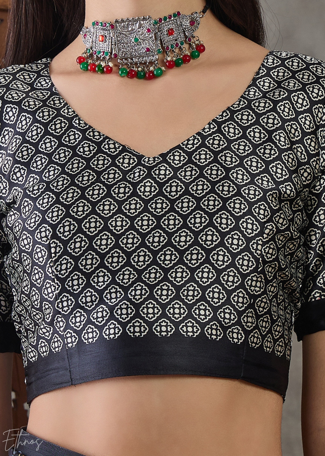 Onyx Black Floral Striped Modal Silk Saree