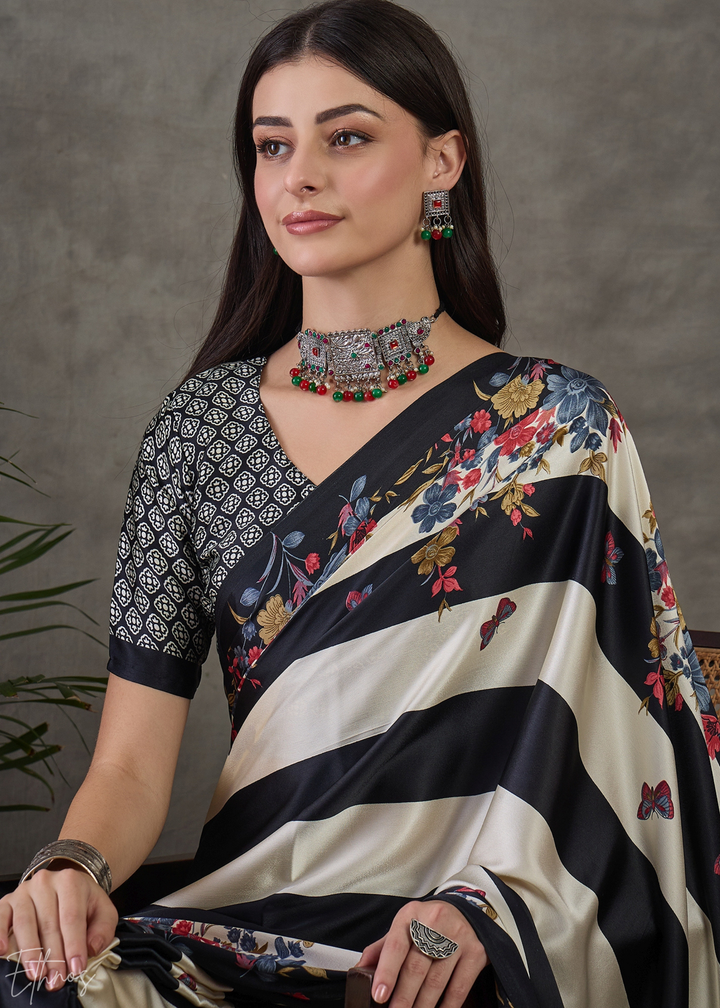 Onyx Black Floral Striped Modal Silk Saree