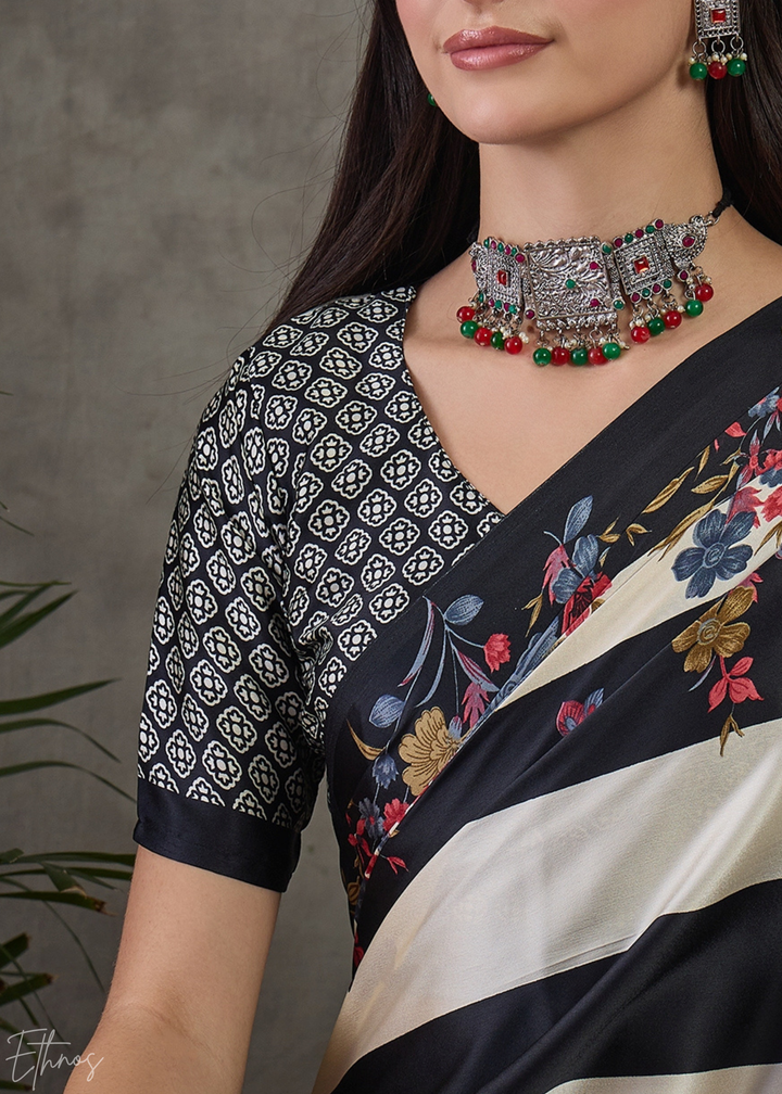 Onyx Black Floral Striped Modal Silk Saree