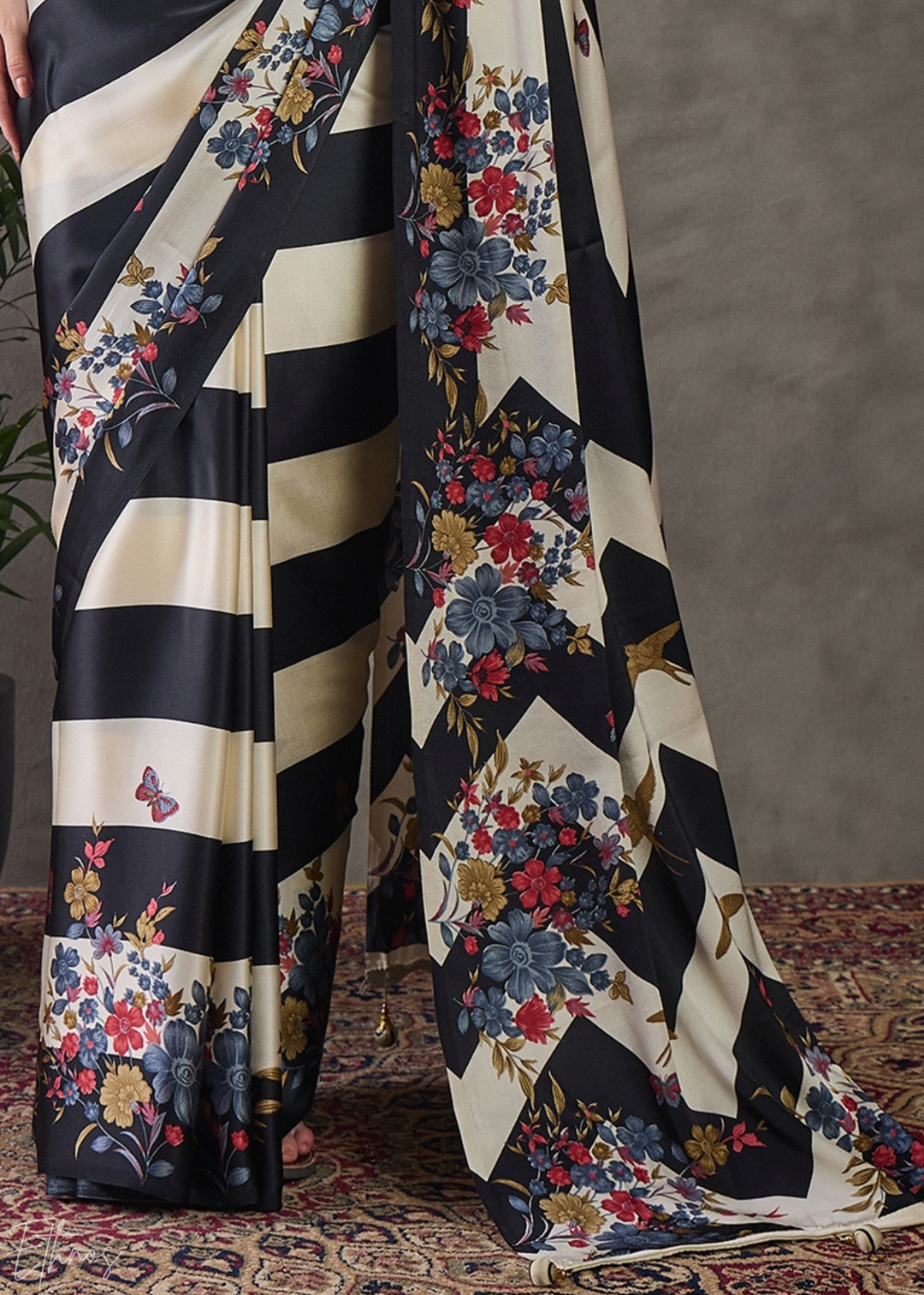 Onyx Black Floral Striped Modal Silk Saree