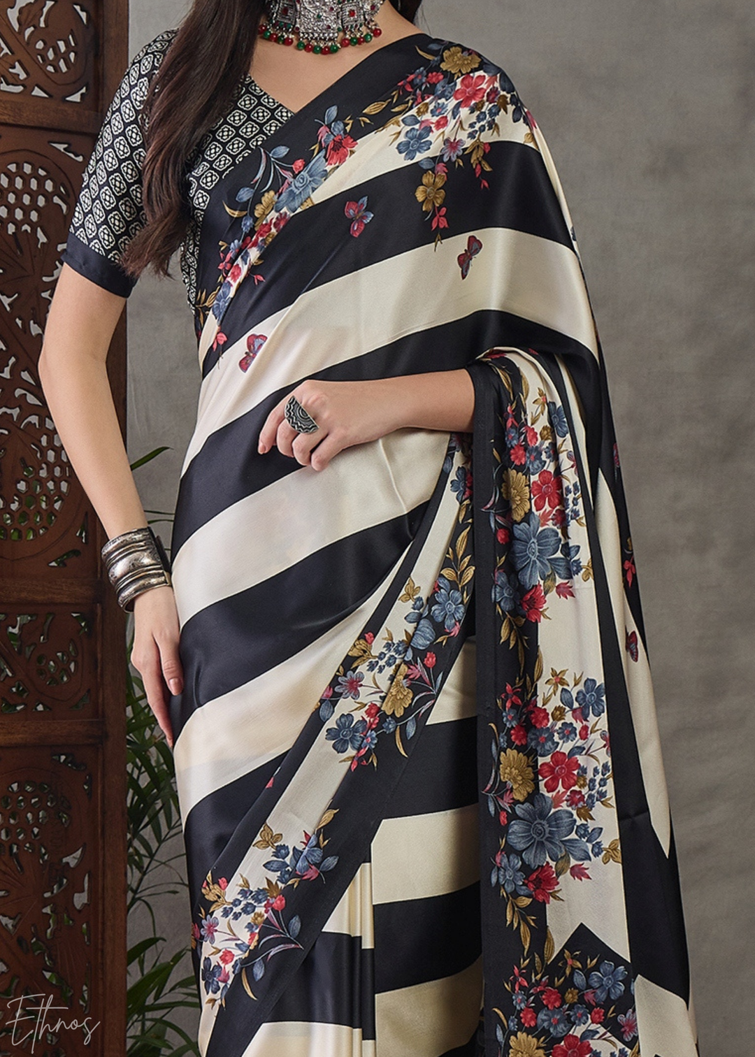 Onyx Black Floral Striped Modal Silk Saree