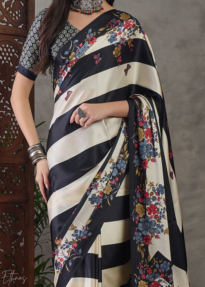 Onyx Black Floral Striped Modal Silk Saree