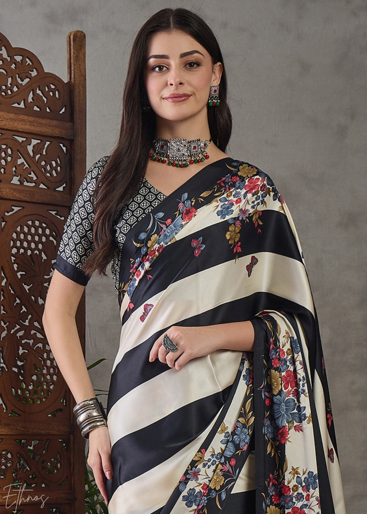 Onyx Black Floral Striped Modal Silk Saree