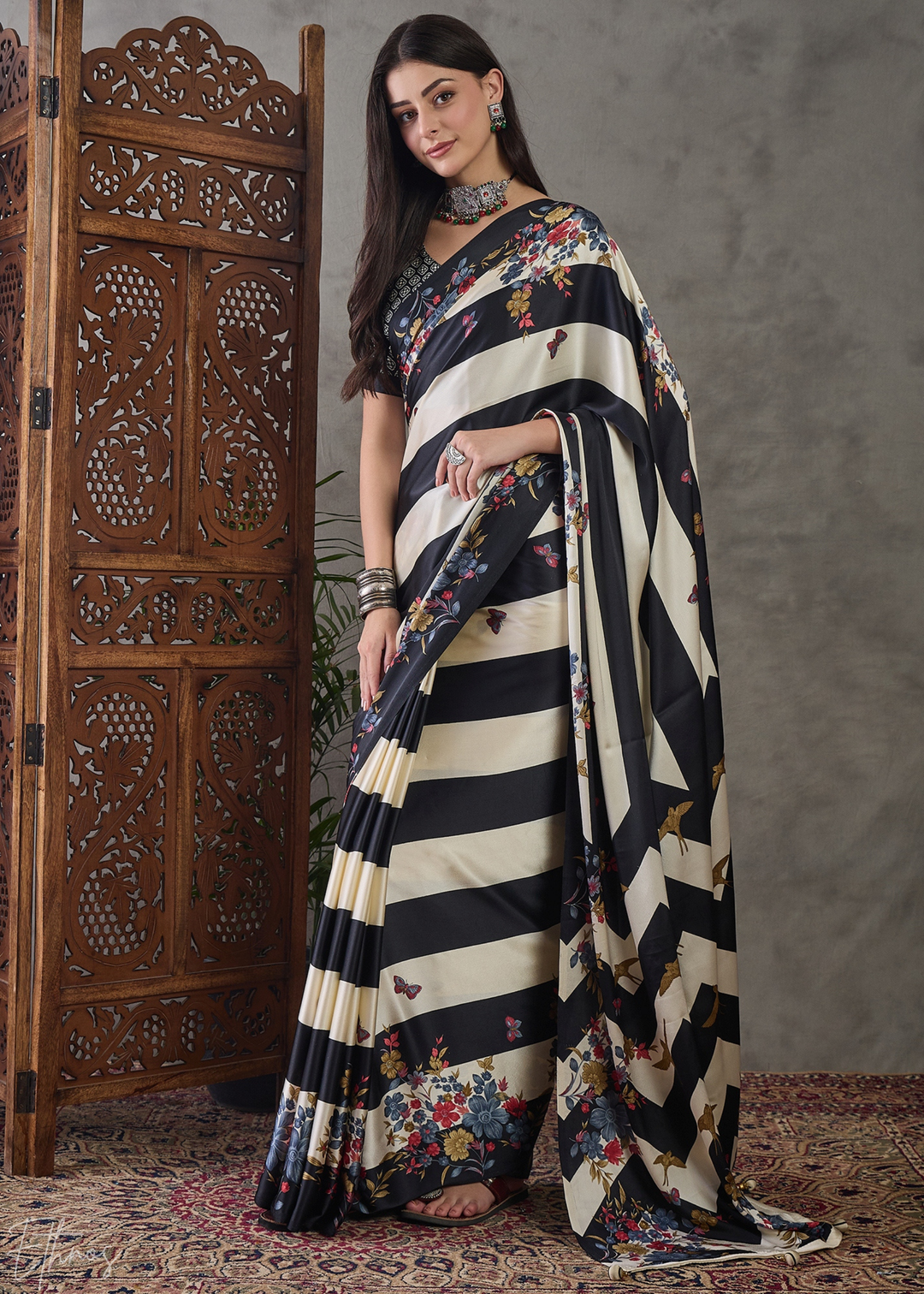 Onyx Black Floral Striped Modal Silk Saree