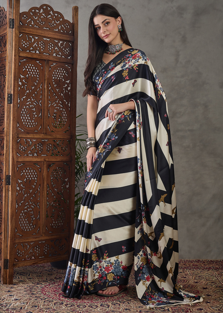 Onyx Black Floral Striped Modal Silk Saree