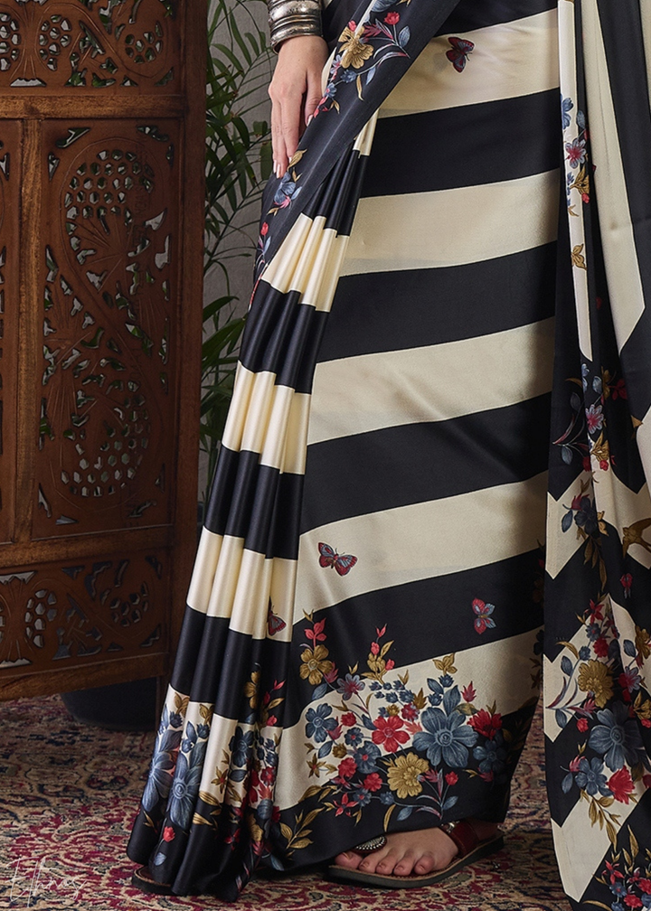 Onyx Black Floral Striped Modal Silk Saree
