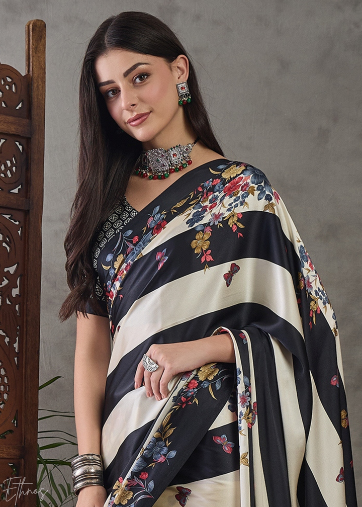 Onyx Black Floral Striped Modal Silk Saree