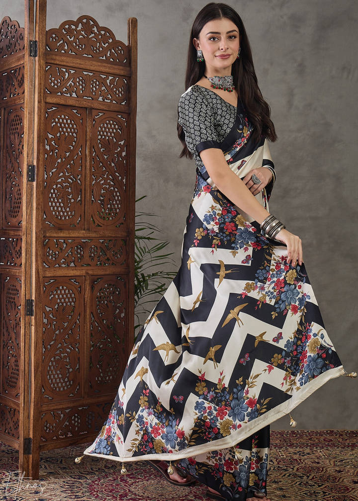 Onyx Black Floral Striped Modal Silk Saree