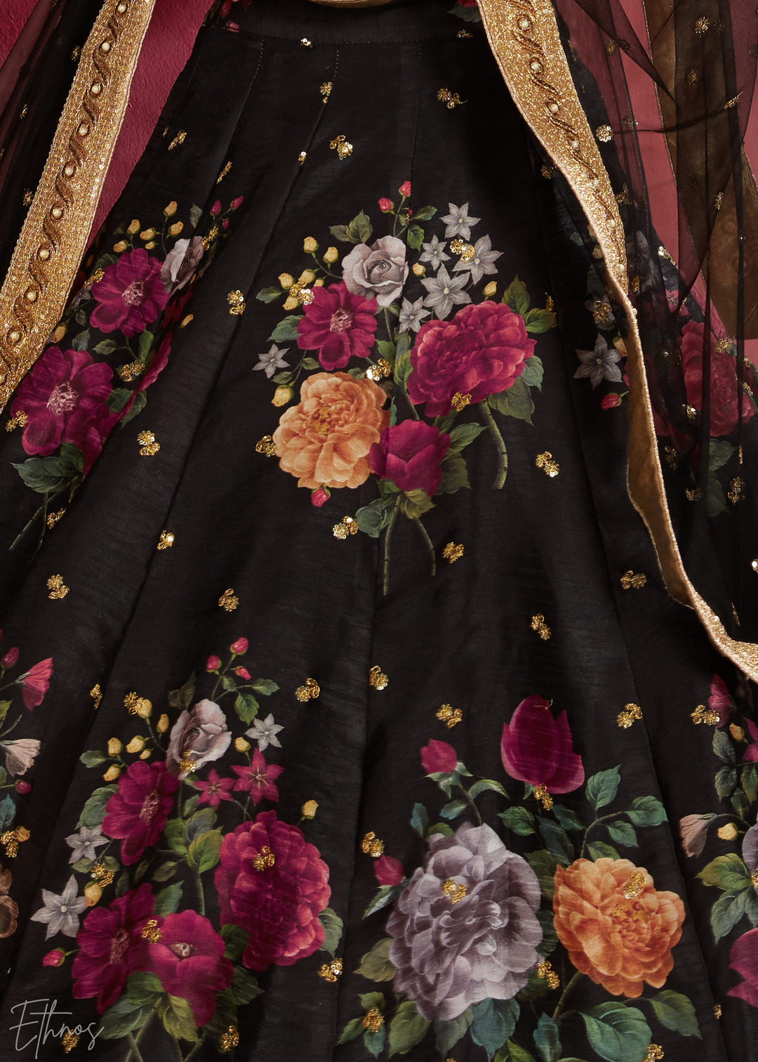 Onyx Black Zari Rose Silk Lehenga