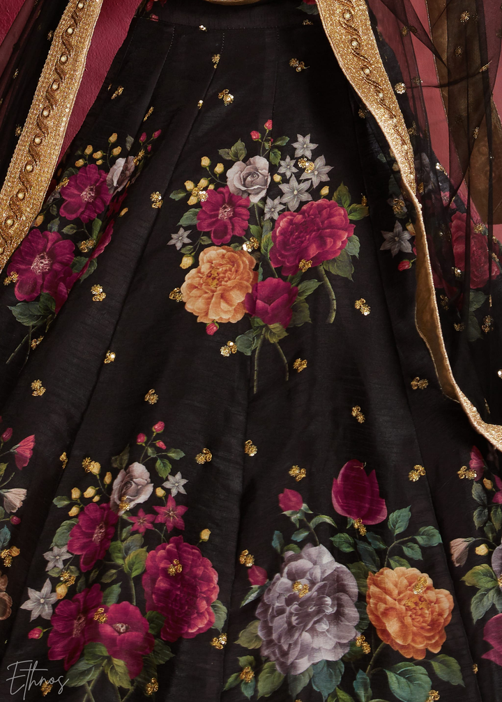 Onyx Black Zari Rose Silk Lehenga