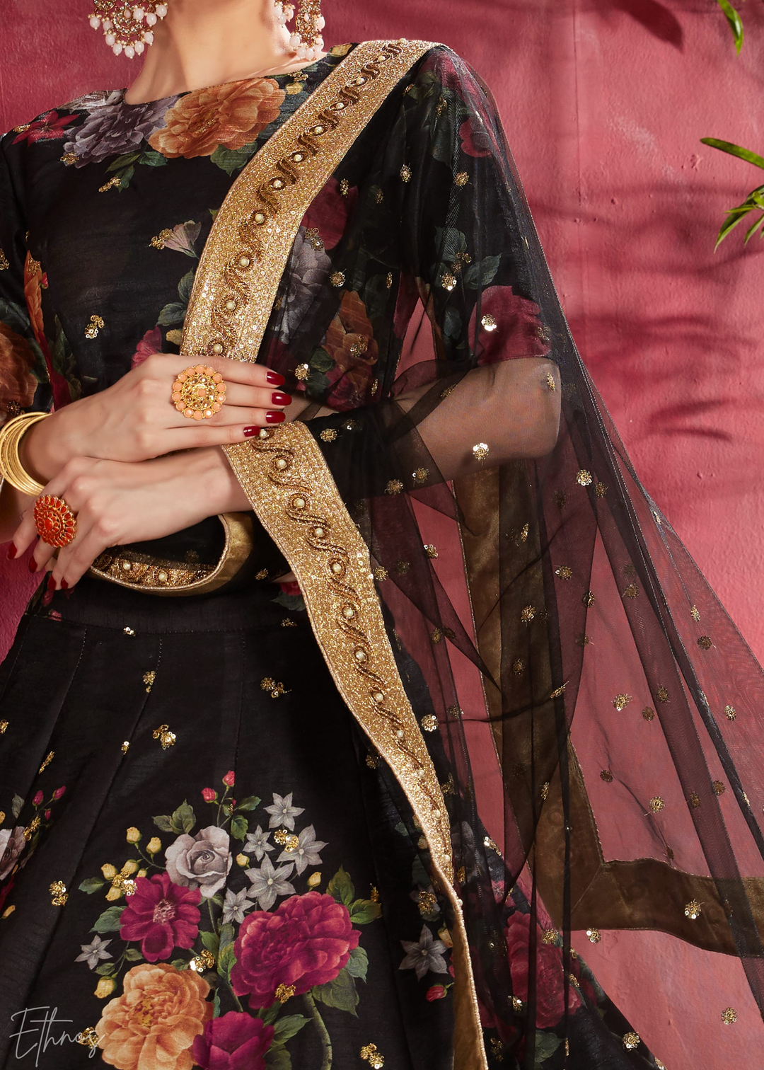 Onyx Black Zari Rose Silk Lehenga