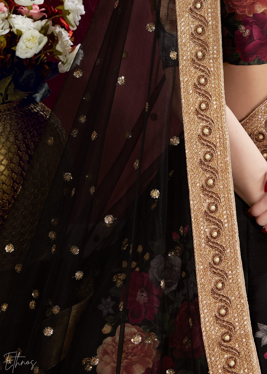 Onyx Black Zari Rose Silk Lehenga