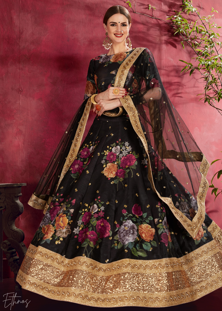 Onyx Black Zari Rose Silk Lehenga