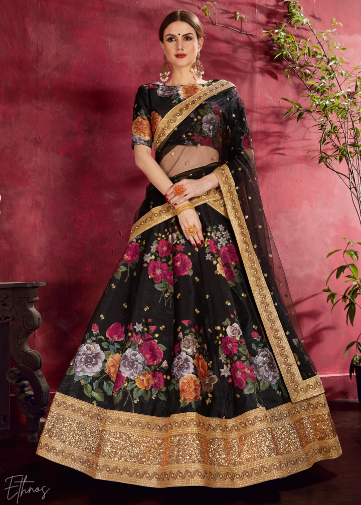 Onyx Black Zari Rose Silk Lehenga