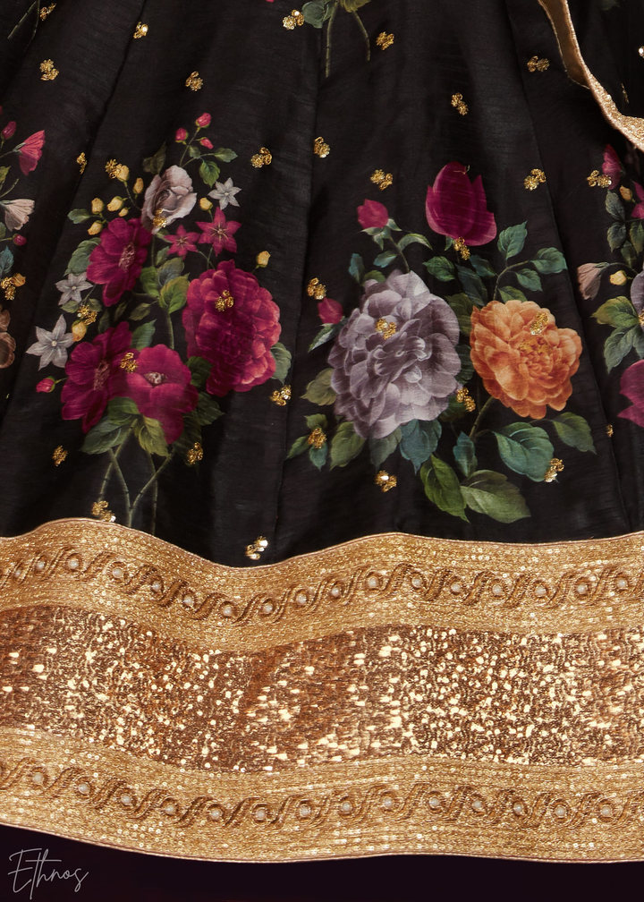 Onyx Black Zari Rose Silk Lehenga