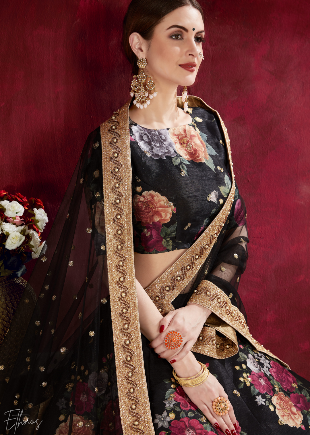 Onyx Black Zari Rose Silk Lehenga