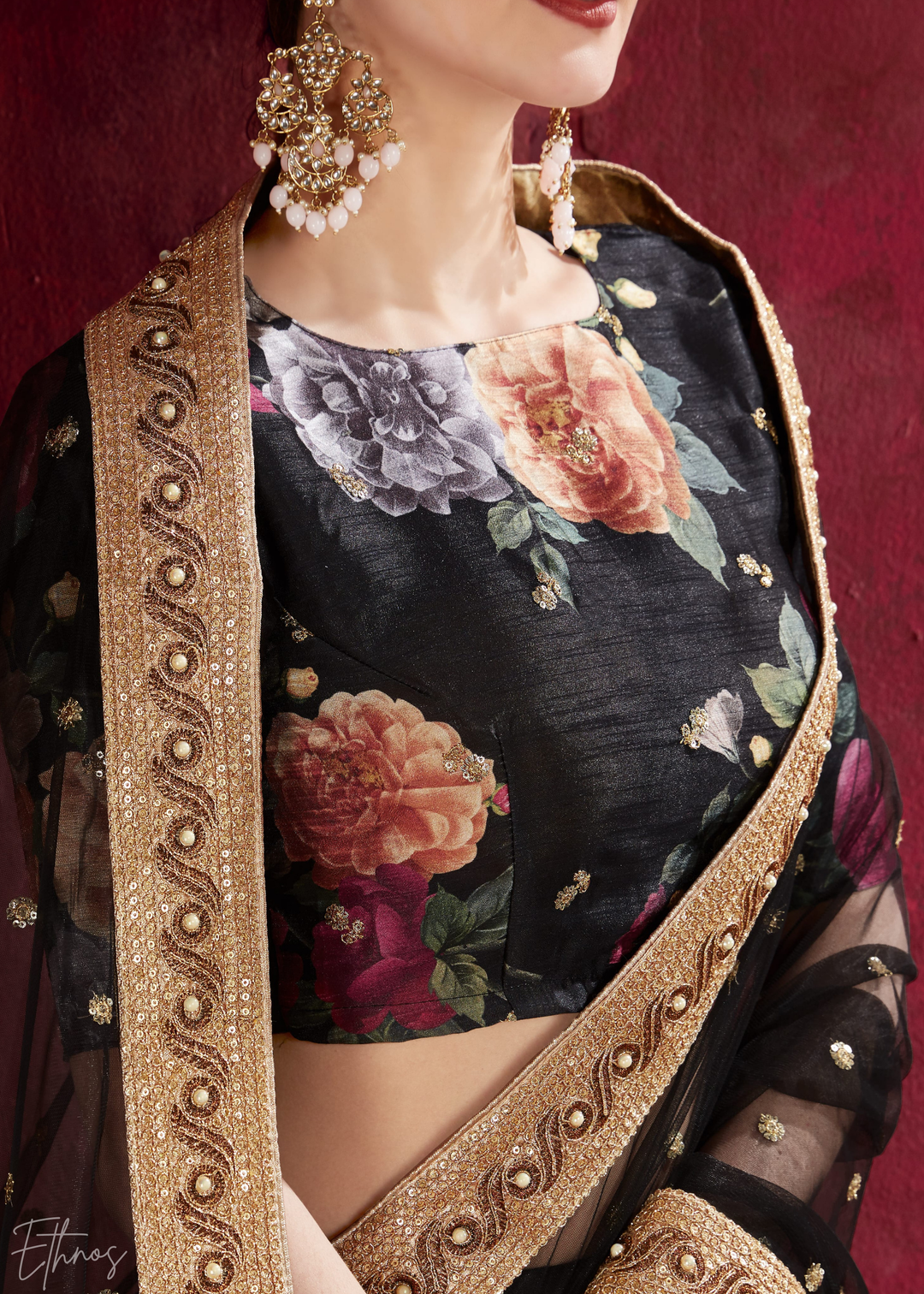 Onyx Black Zari Rose Silk Lehenga