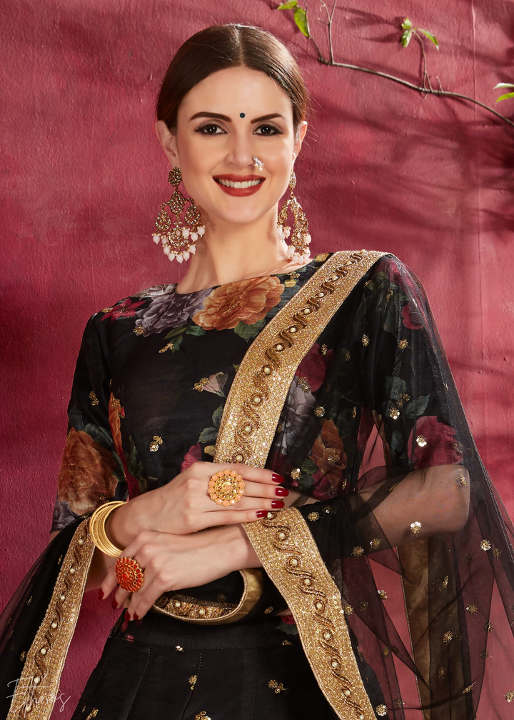 Onyx Black Zari Rose Silk Lehenga