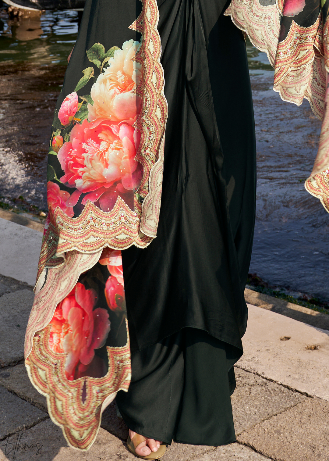 Onyx Crepe Floral Cape Cowl Skirt Set