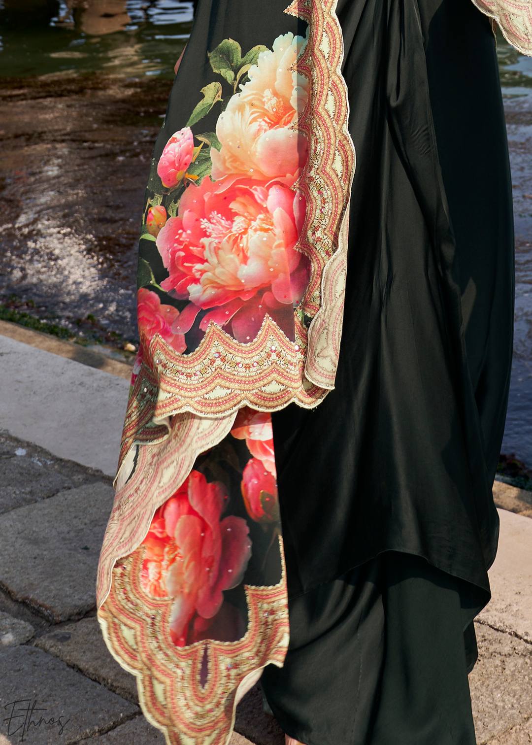 Onyx Crepe Floral Cape Cowl Skirt Set