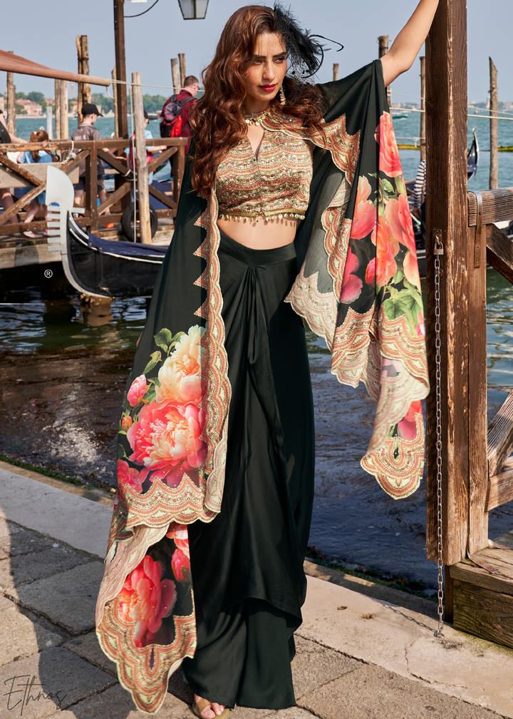 Onyx Crepe Floral Cape Cowl Skirt Set