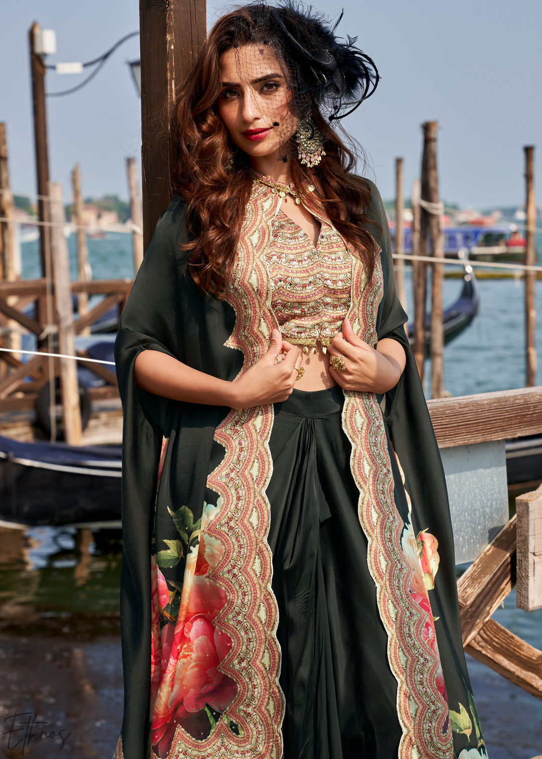 Onyx Crepe Floral Cape Cowl Skirt Set