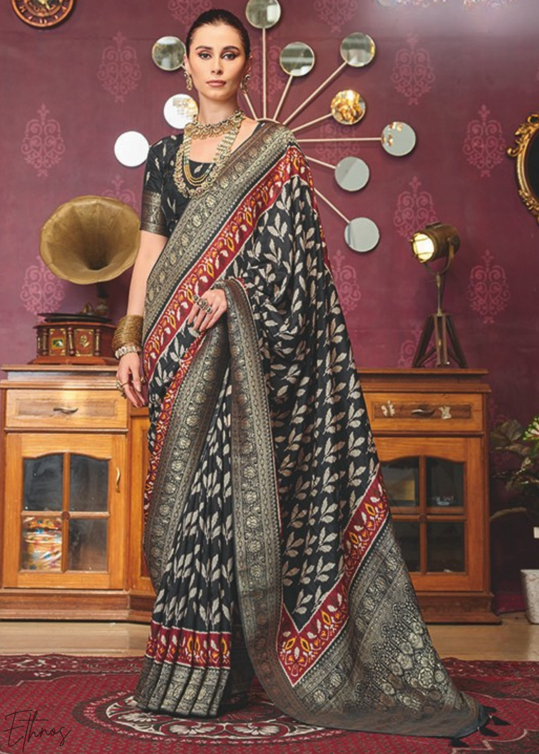 Onyx Heritage-Ikat Poly-Viscose Saree
