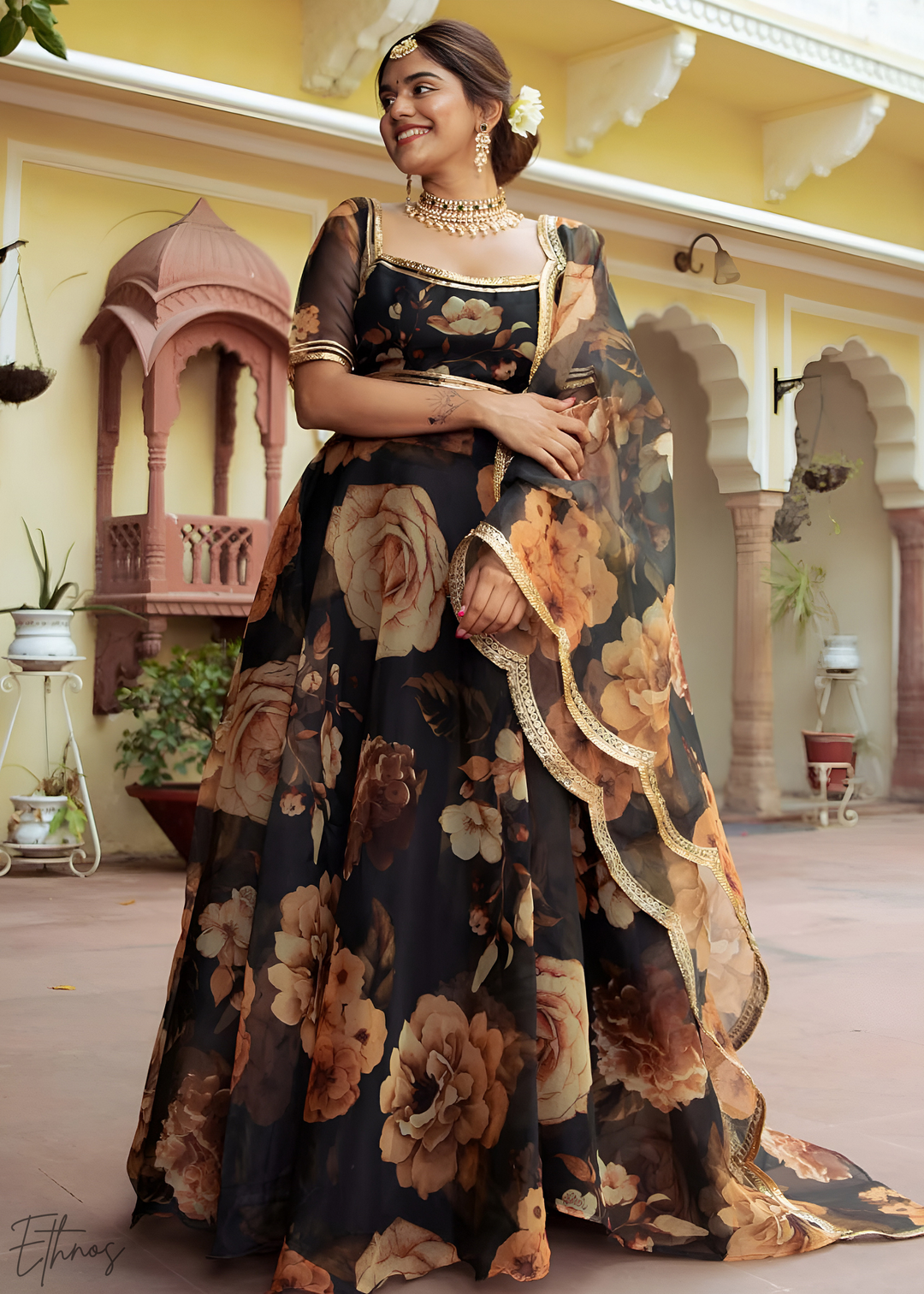 Onyx Midnight Dahlia Rose Organza Lehenga