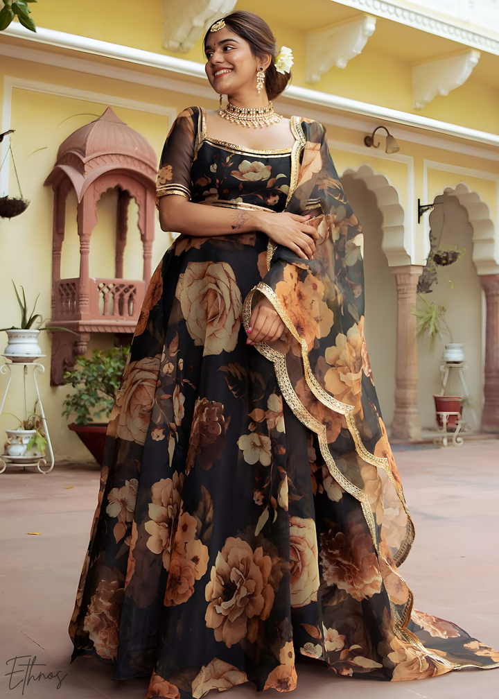 Onyx Midnight Dahlia Rose Organza Lehenga