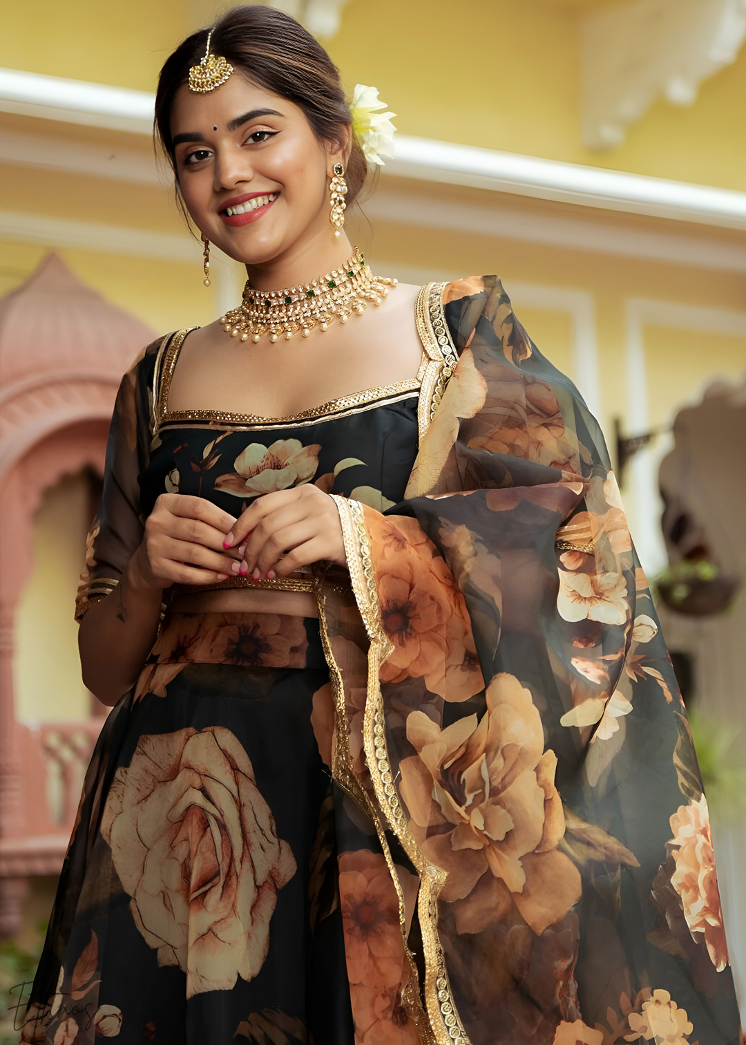 Onyx Midnight Dahlia Rose Organza Lehenga