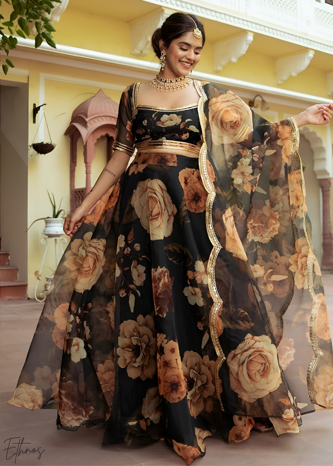 Onyx Midnight Dahlia Rose Organza Lehenga