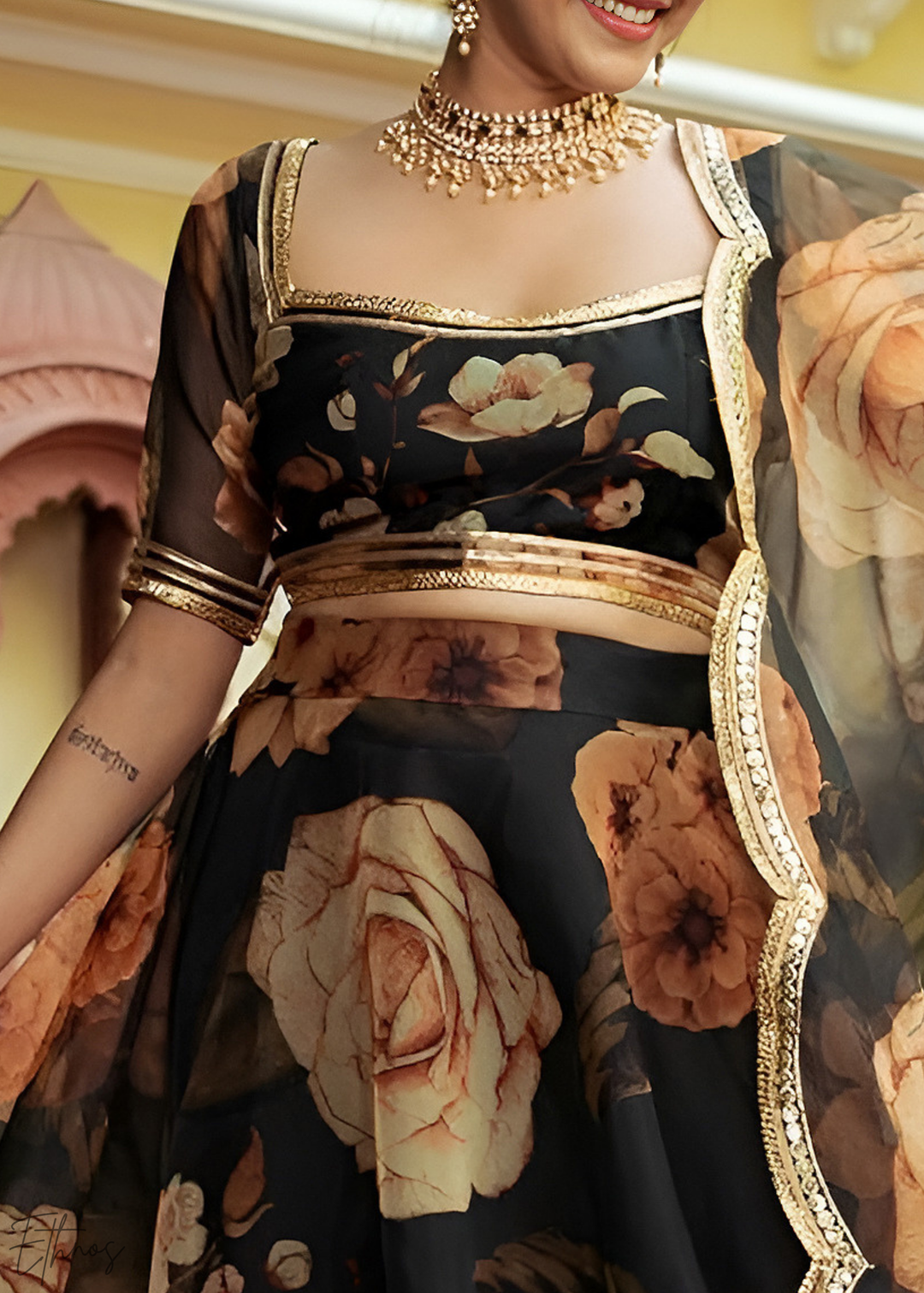 Onyx Midnight Dahlia Rose Organza Lehenga