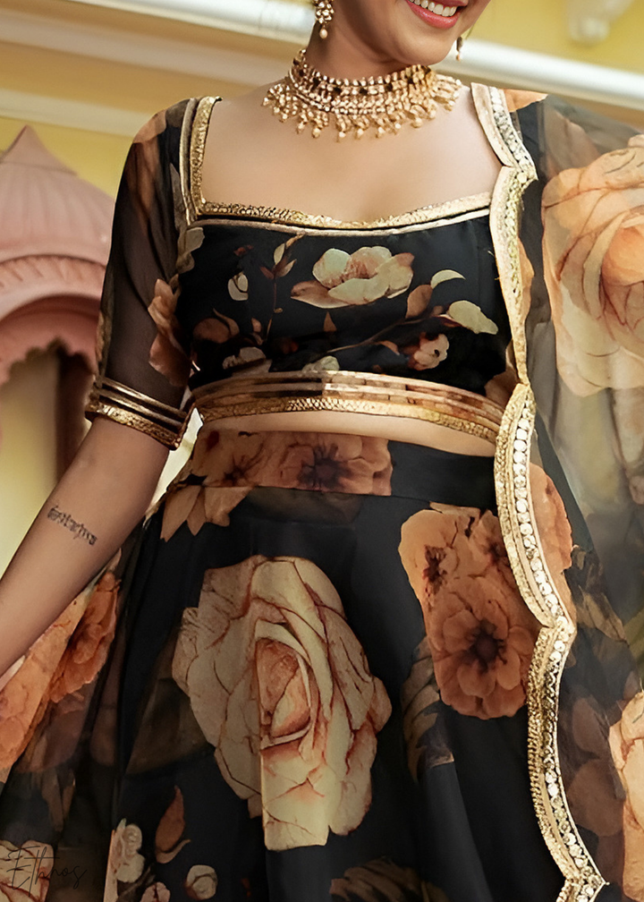 Onyx Midnight Dahlia Rose Organza Lehenga