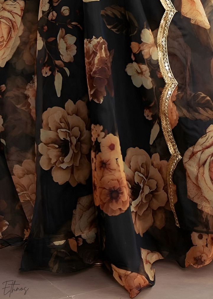 Onyx Midnight Dahlia Rose Organza Lehenga