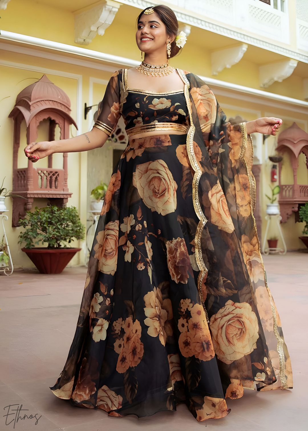 Onyx Midnight Dahlia Rose Organza Lehenga