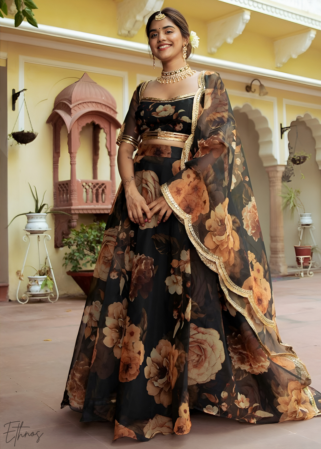 Onyx Midnight Dahlia Rose Organza Lehenga