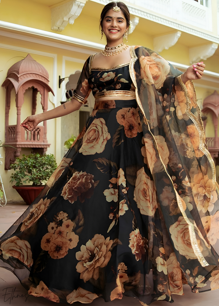 Onyx Midnight Dahlia Rose Organza Lehenga