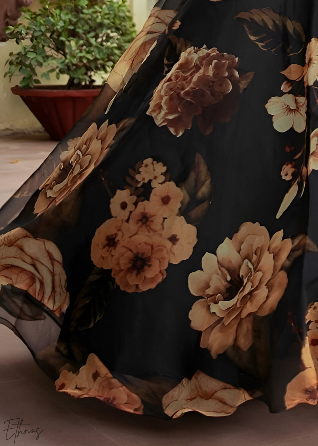 Onyx Midnight Dahlia Rose Organza Lehenga